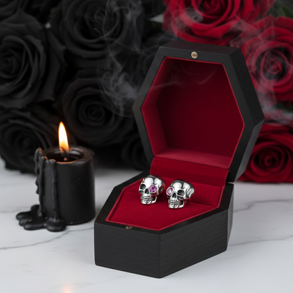 Cool Skull Pink Heart-shaped Diamond Option Stud Earrings-Black Diamonds New York