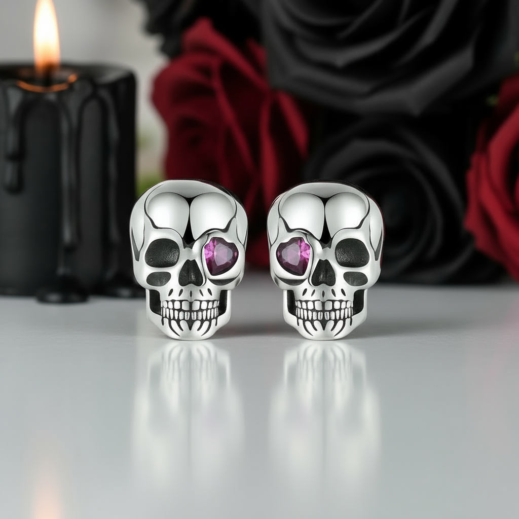 Cool Skull Pink Heart-shaped Diamond Option Stud Earrings-Black Diamonds New York