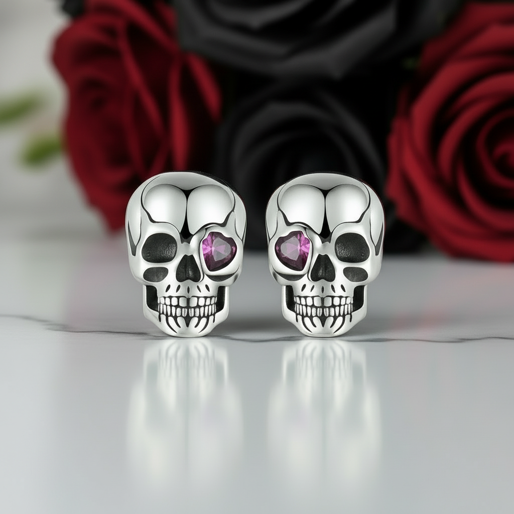 Cool Skull Pink Heart-shaped Diamond Stud Earrings-Black Diamonds New York