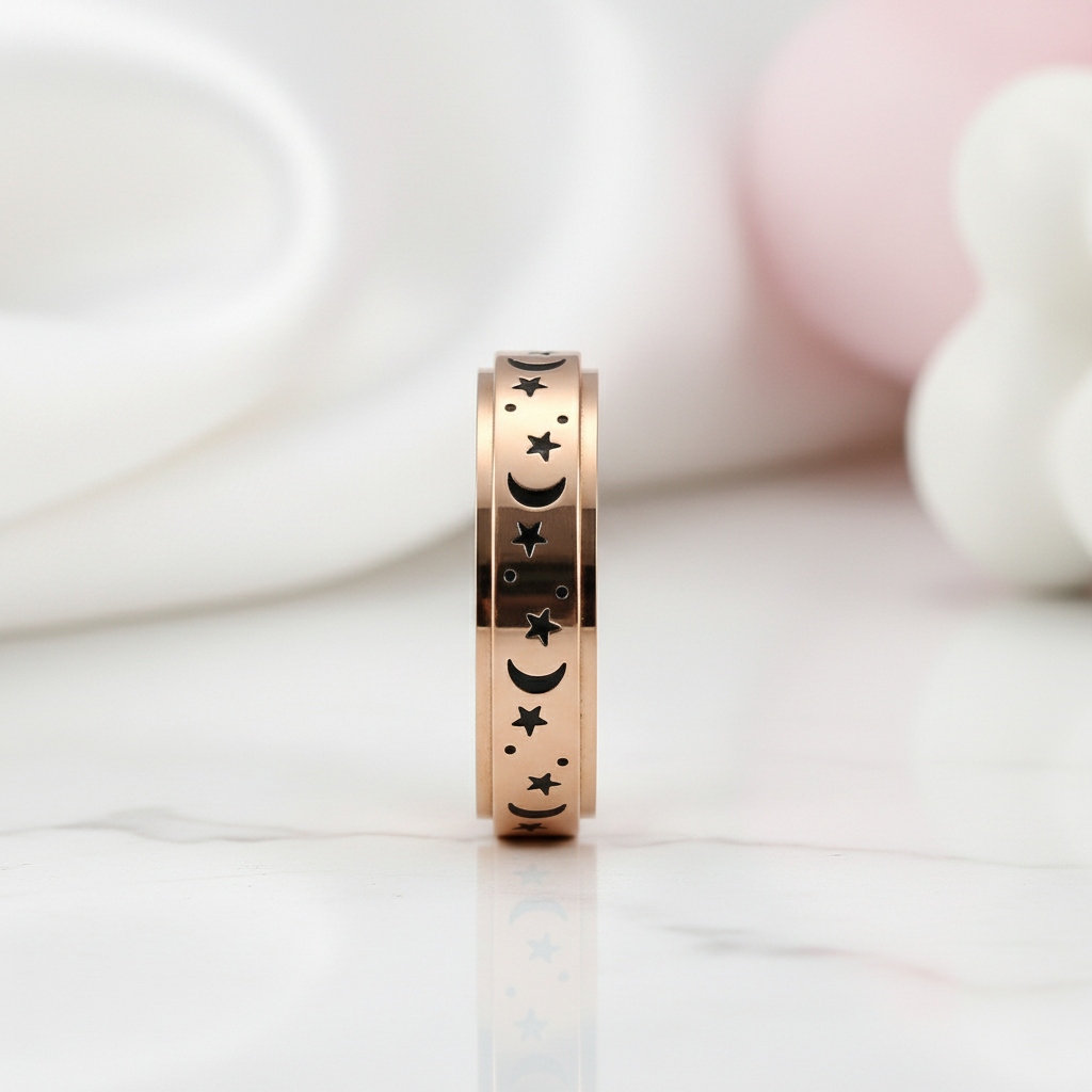 Star and Moon Titanium Steel Rotatable Luminous Ring-Black Diamonds New York