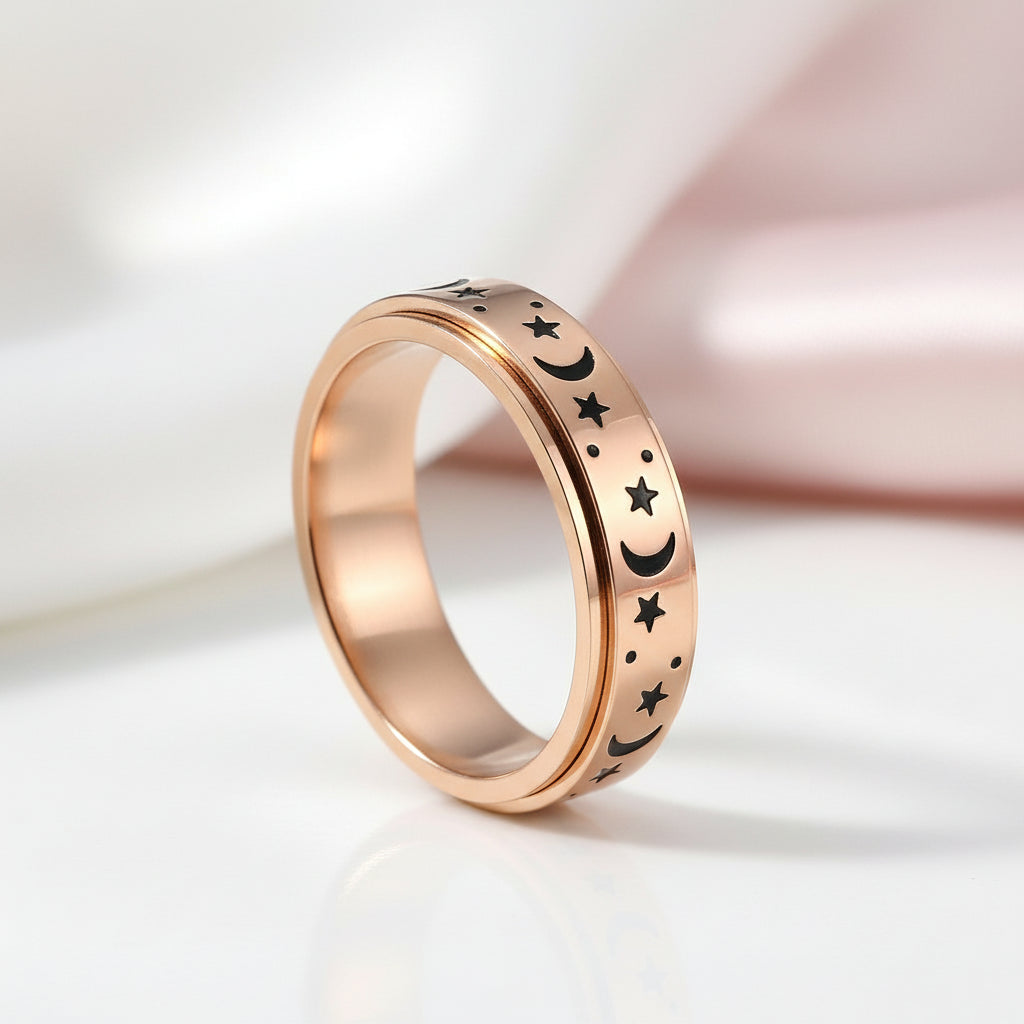 Star and Moon Titanium Steel Rotatable Luminous Ring-Black Diamonds New York