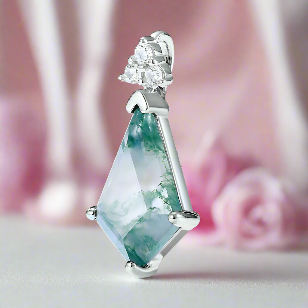 Kite Shape Moss Agate Pendant Necklace-Black Diamonds New York