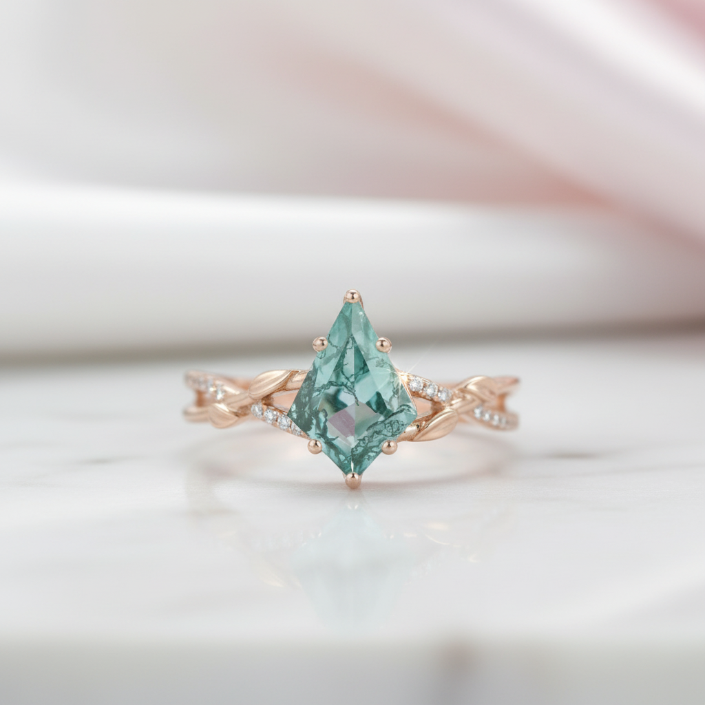 Kite Shaped Moss Green Agate Twisted Engagement Ring-Black Diamonds New York