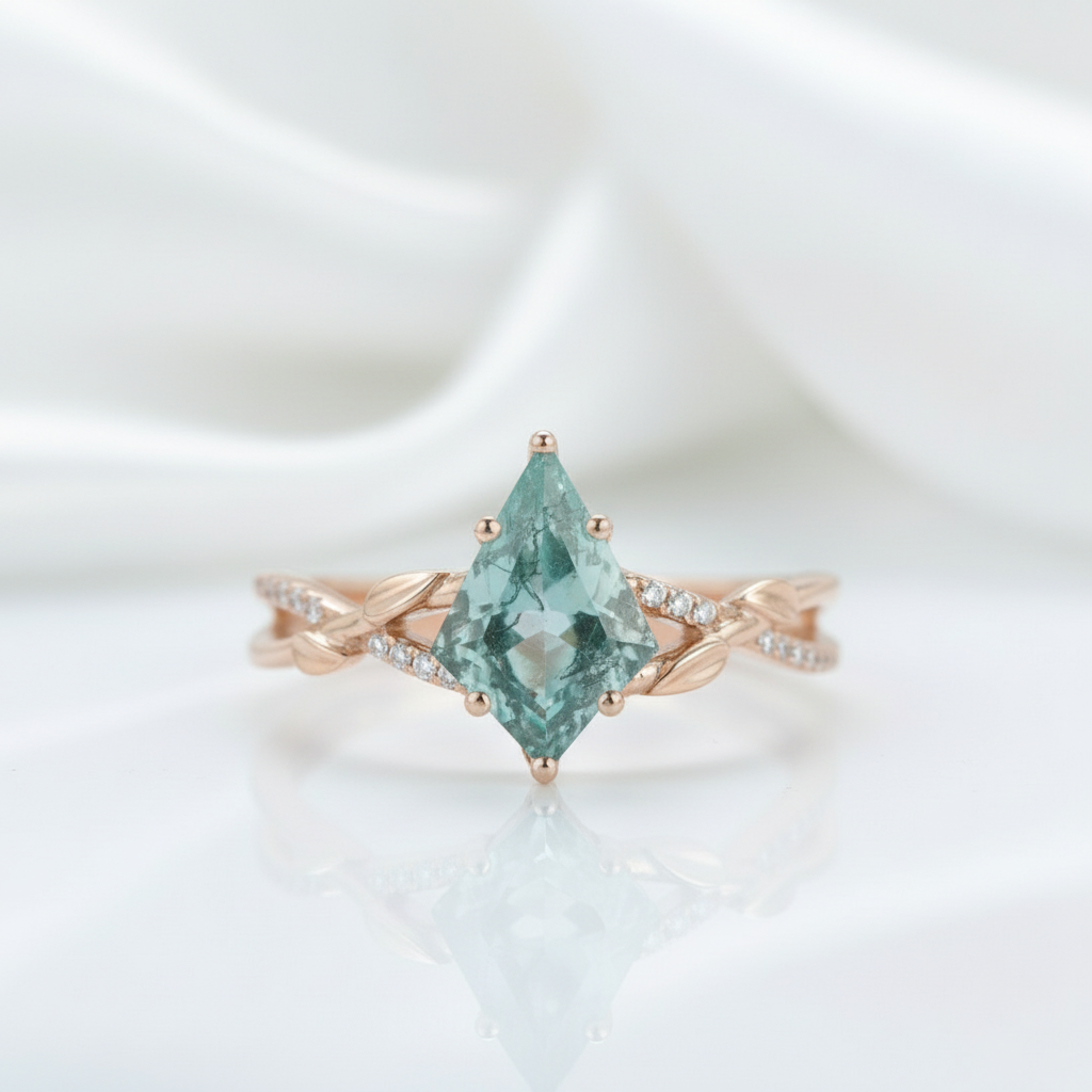 Kite Shaped Moss Green Agate Twisted Engagement Ring-Black Diamonds New York