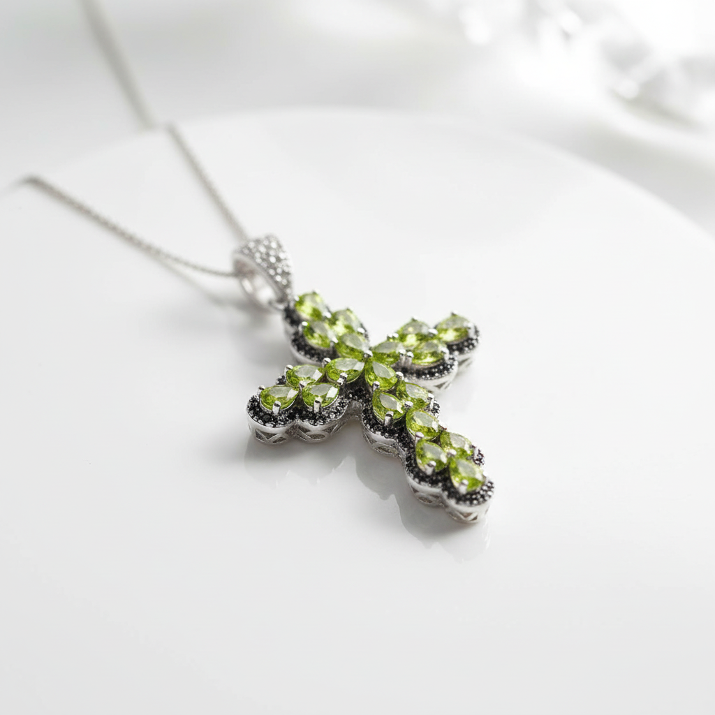 Pear-cut Peridot with Black Spinel Cross Pendant Necklace-Black Diamonds New York