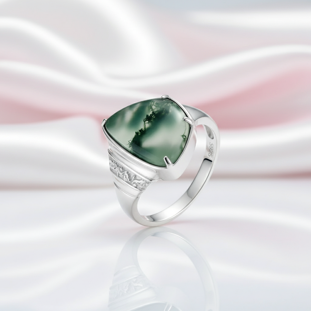 Moss Agate Vintage Style Ring-Black Diamonds New York
