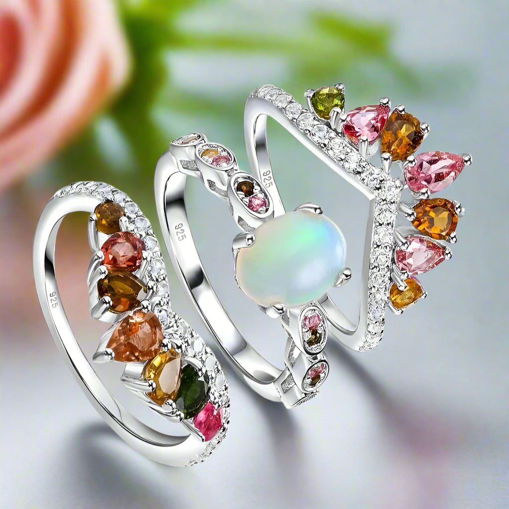 3-Piece Natural Opal Tourmaline Gems Ring Set-Black Diamonds New York