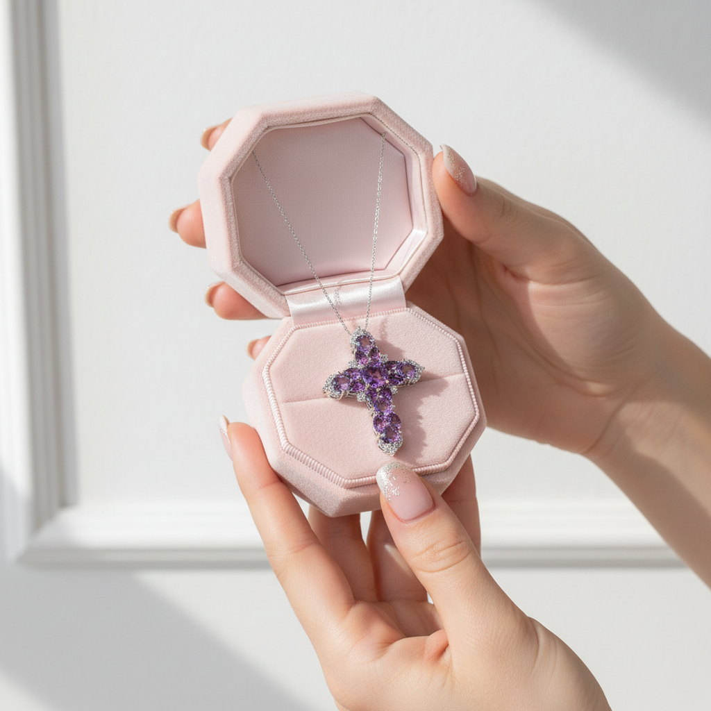 Hand holding a pink jewelry box with a purple cross pendant inside.