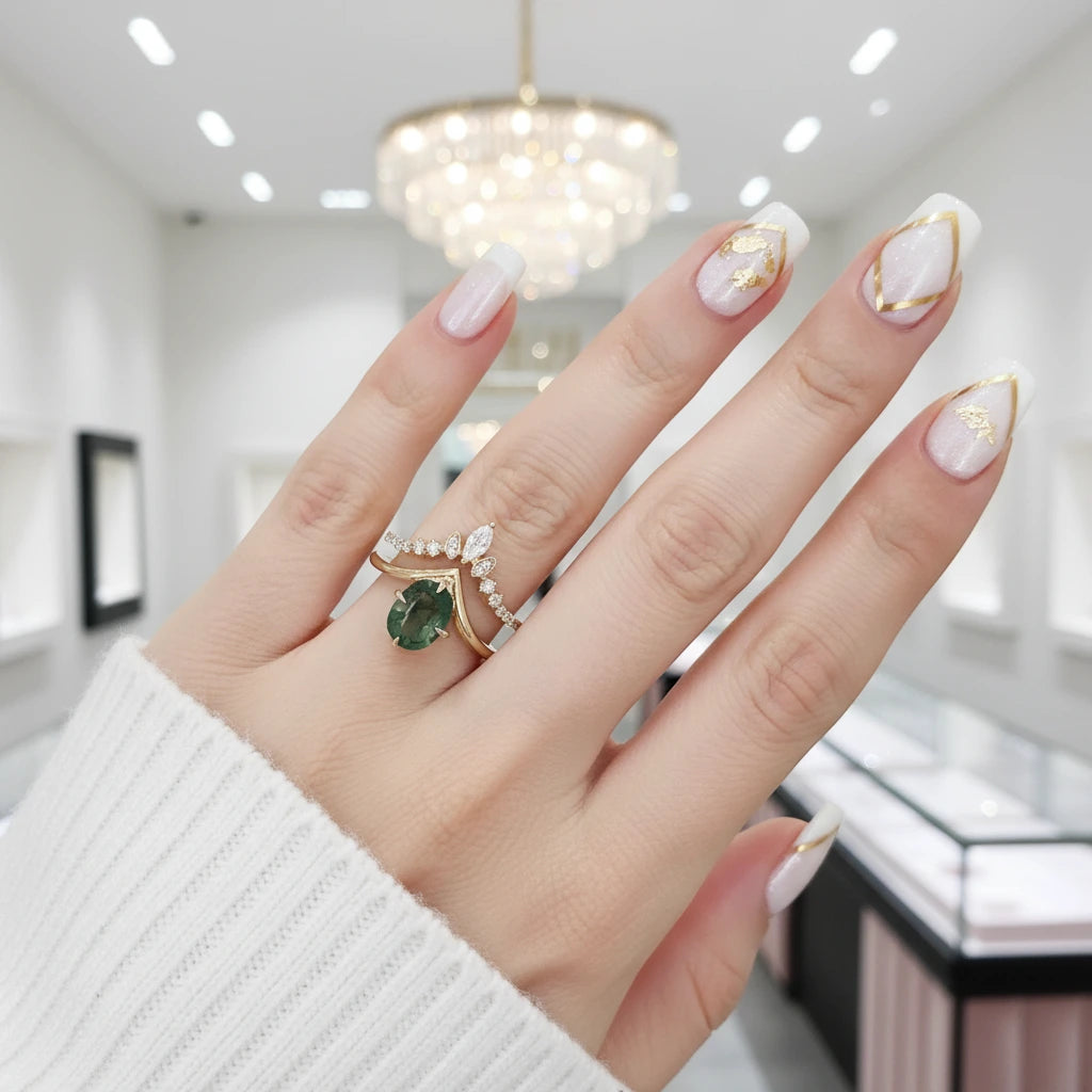 Oval Cut Moss Agate Chevron Cluster Engagement Ring Set-Black Diamonds New York