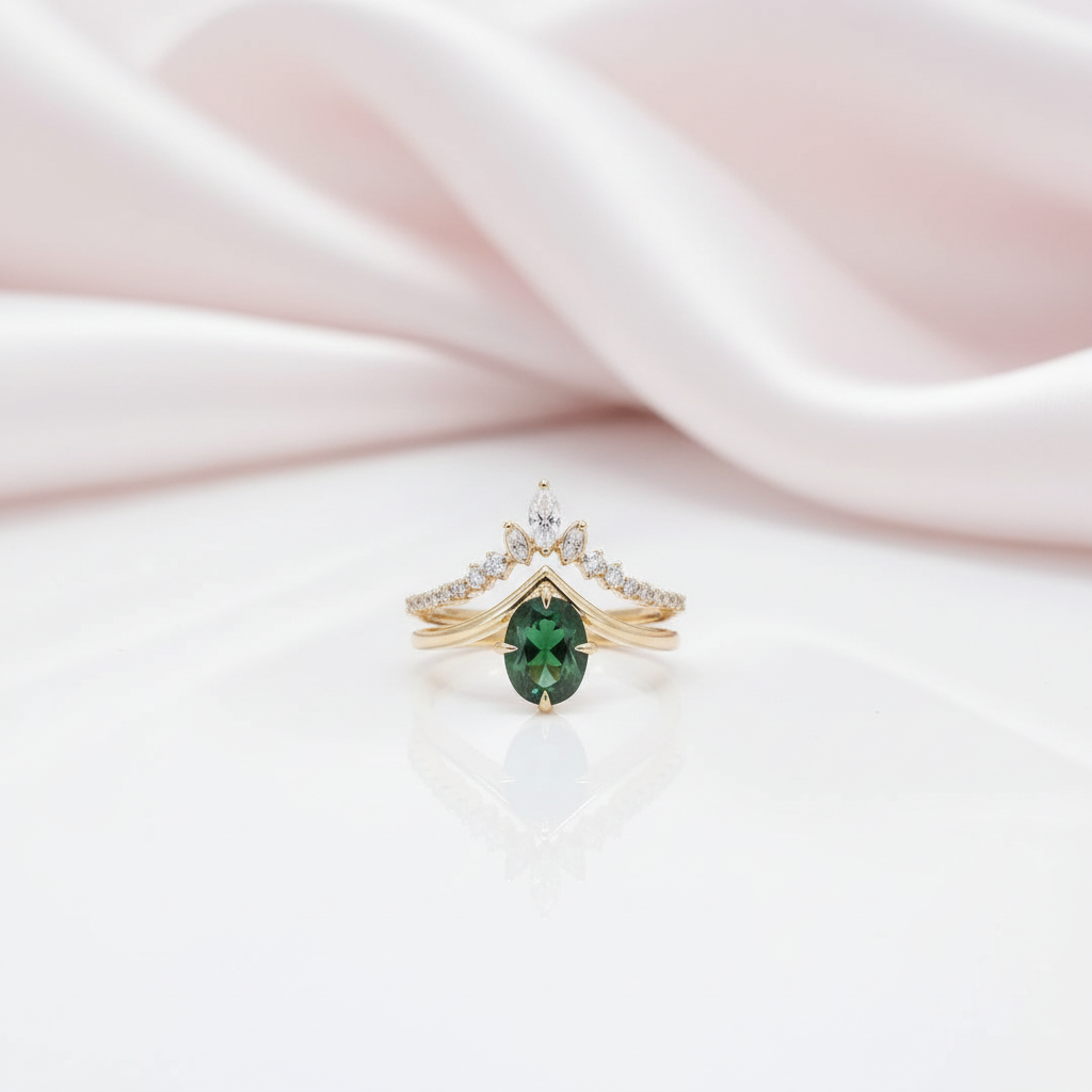Oval Cut Moss Agate Chevron Cluster Engagement Ring Set-Black Diamonds New York