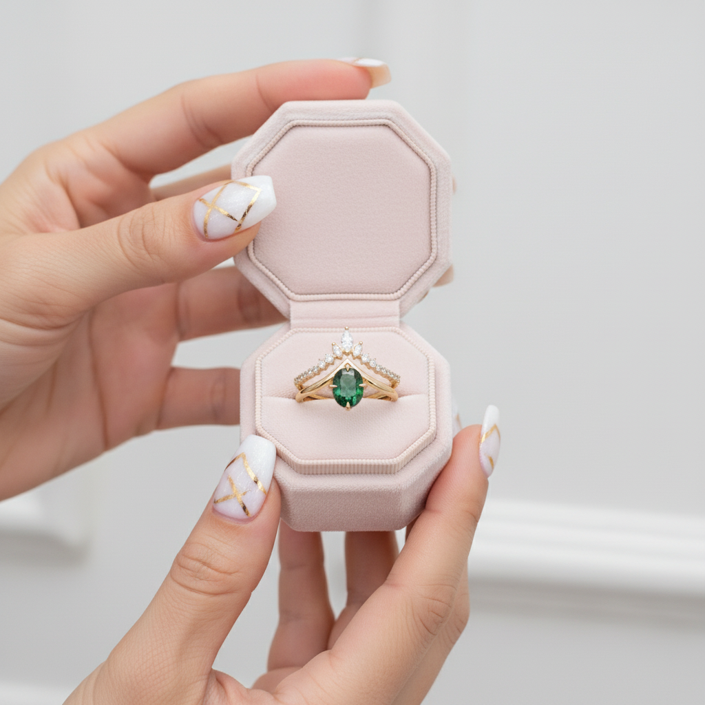 Oval Cut Moss Agate Chevron Cluster Engagement Ring Set-Black Diamonds New York