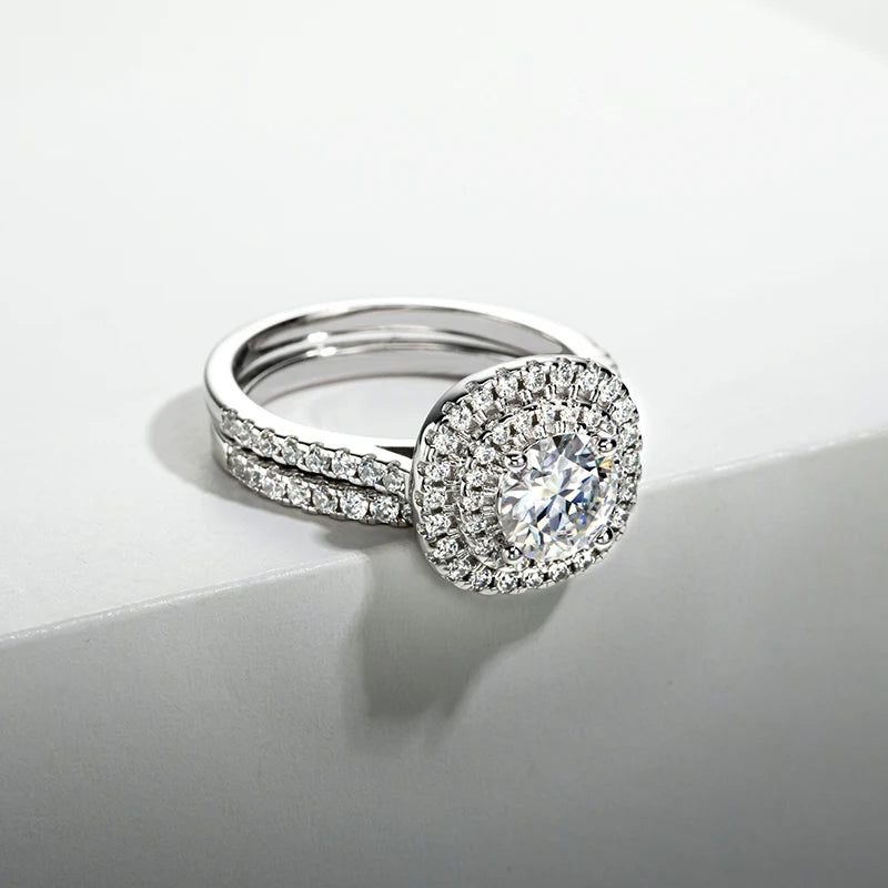 1.0 Ct Round Moissanite Double Halo Engagement Ring Set-Black Diamonds New York