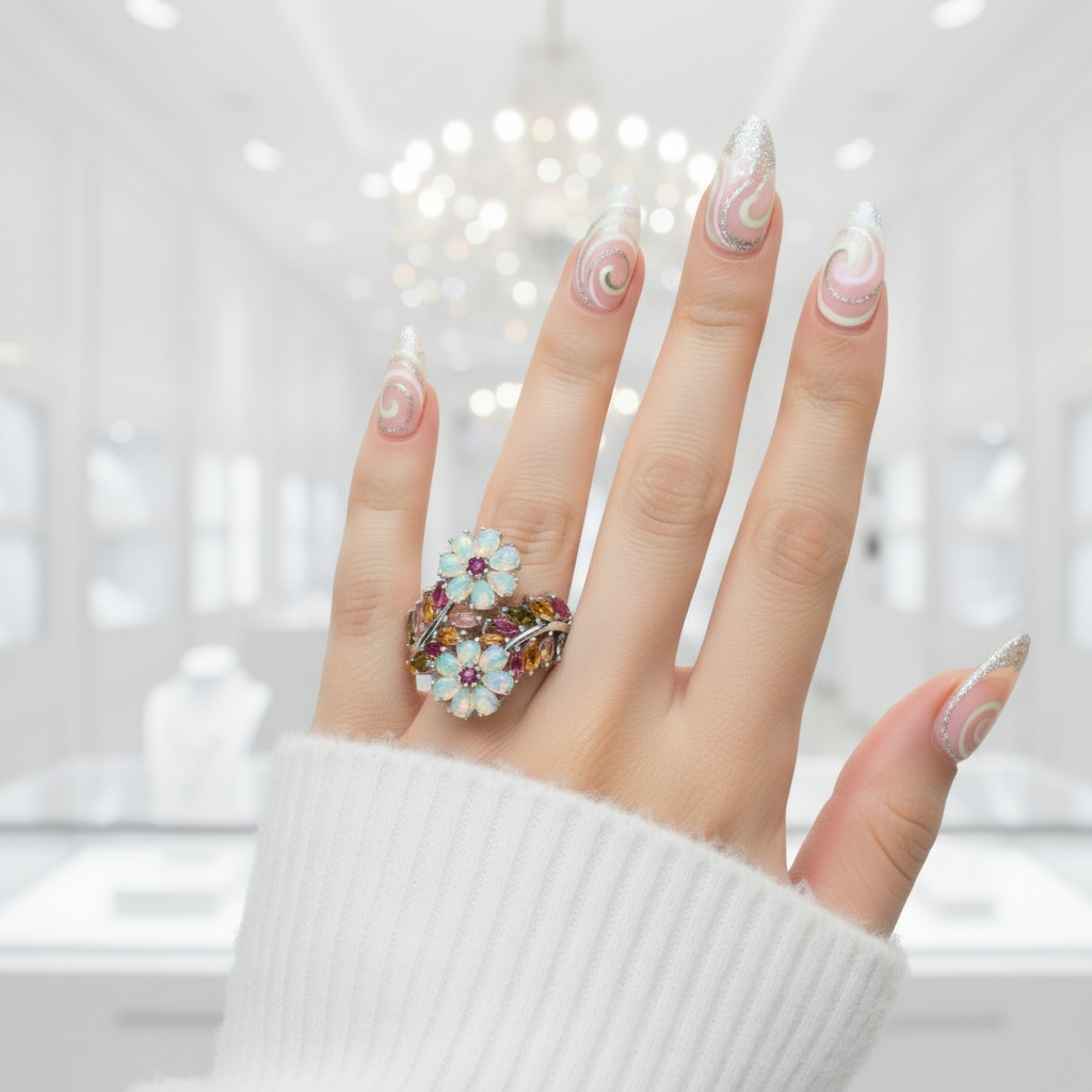 Opal & Tourmaline Gemstone Flower Ring-Black Diamonds New York