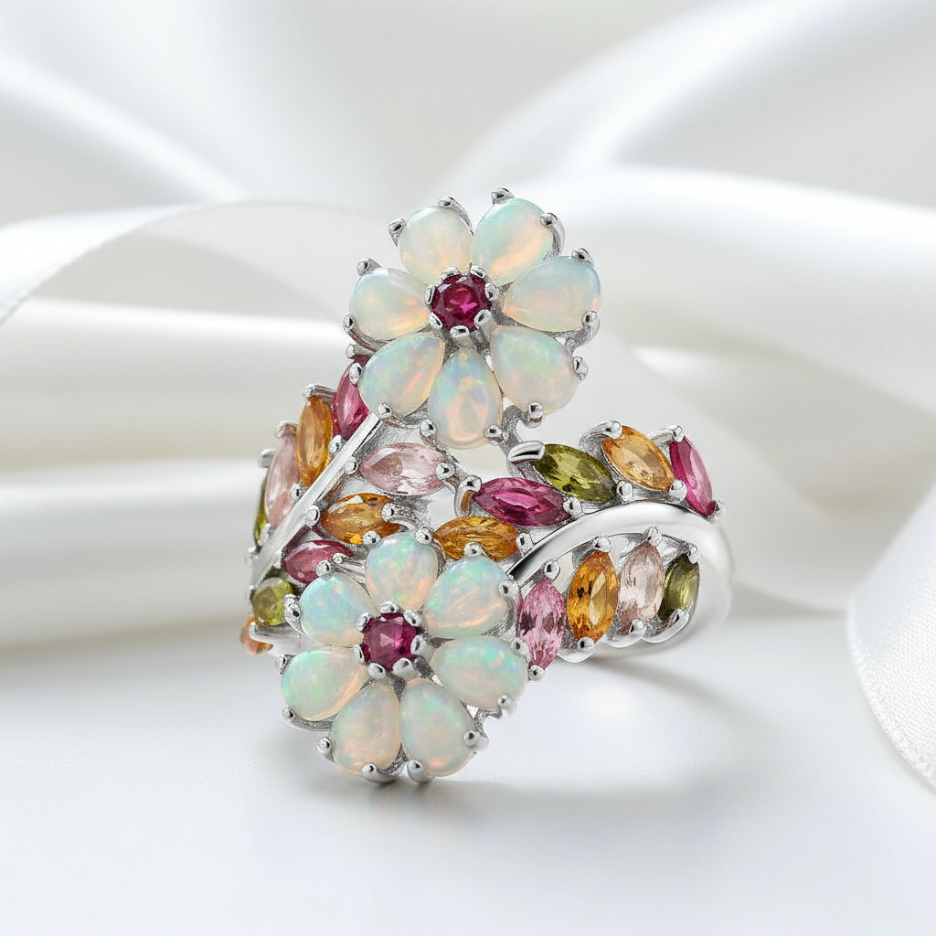 Opal & Tourmaline Gemstone Flower Ring-Black Diamonds New York
