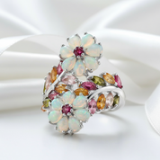 Opal & Tourmaline Gemstone Flower Ring-Black Diamonds New York