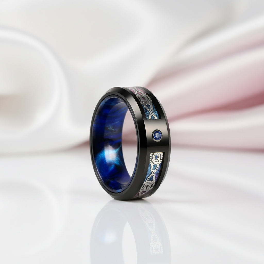 Blue Diamond Black Dome Celtic Knot Tungsten Men's Ring