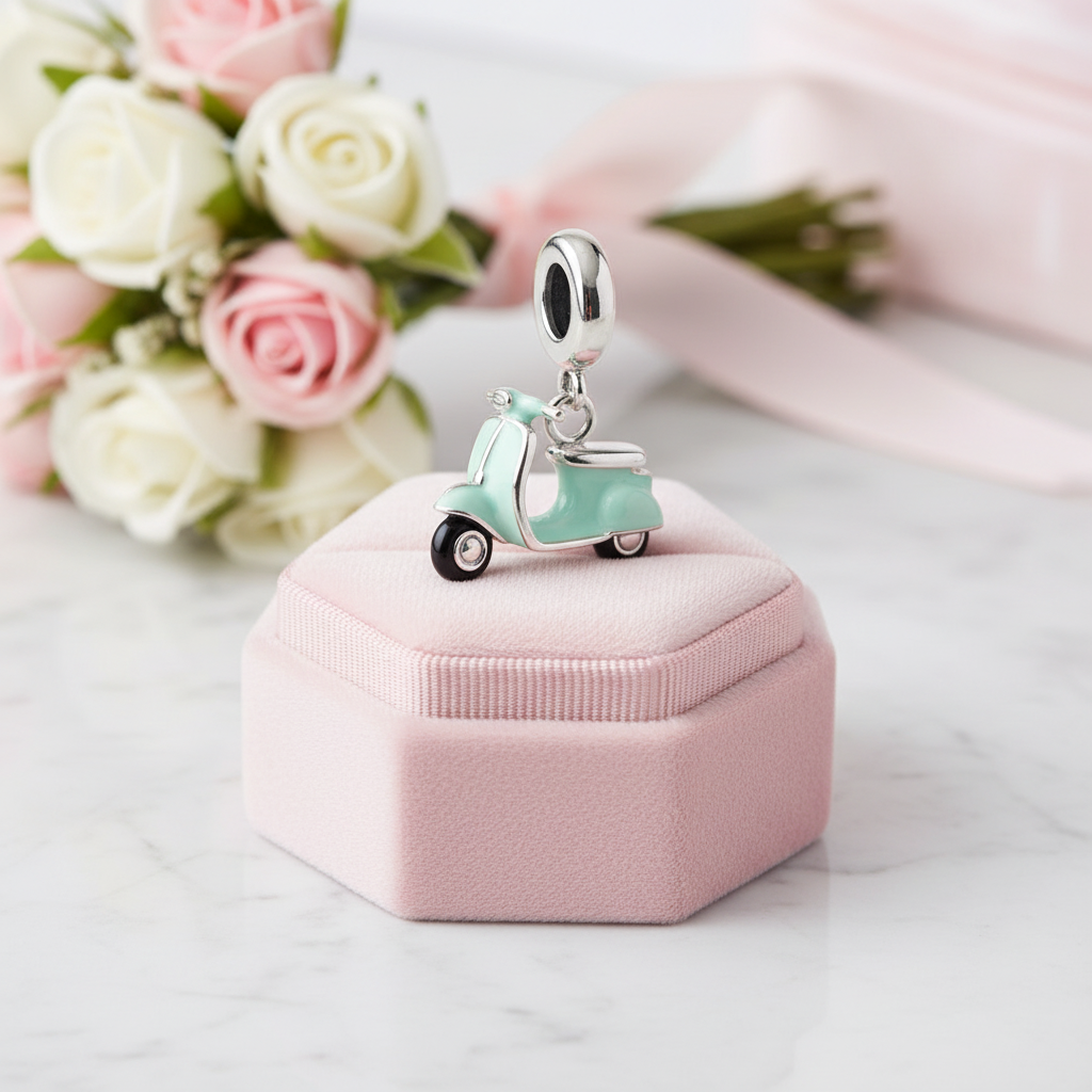 A mint green and silver scooter charm displayed on top of a pink jewelry box, with pink and white roses in the background.
