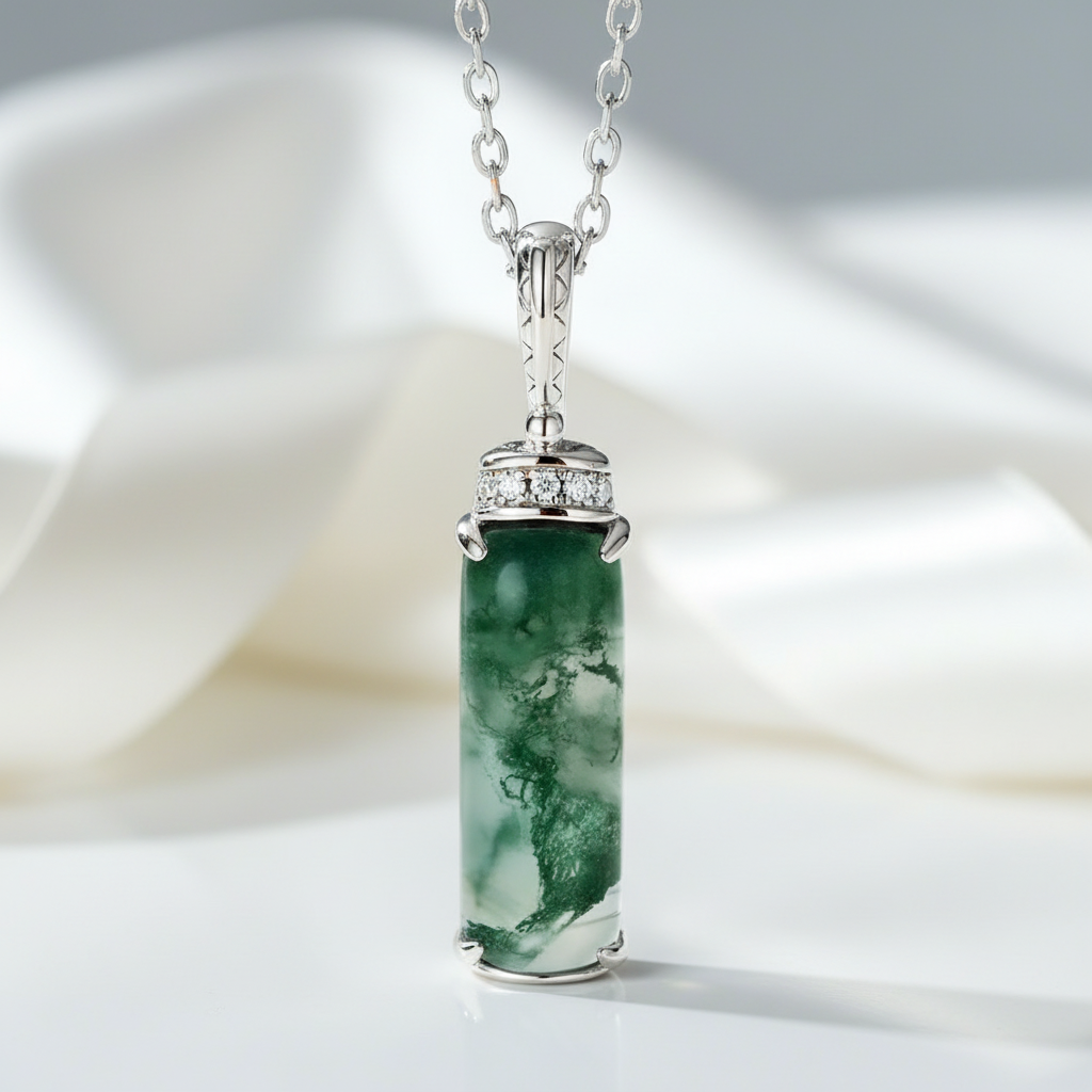 Natural Moss Agate Pendant Necklace-Black Diamonds New York