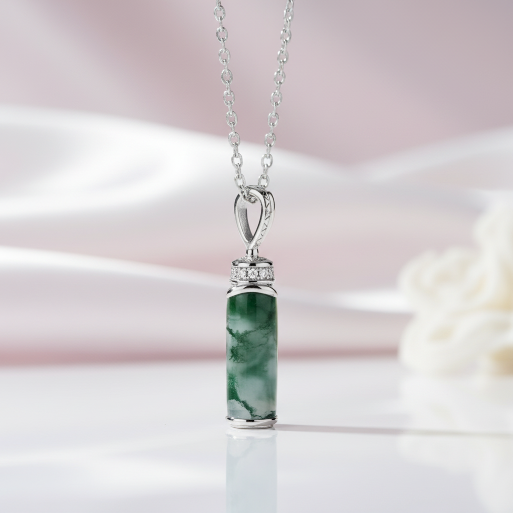Natural Moss Agate Pendant Necklace-Black Diamonds New York