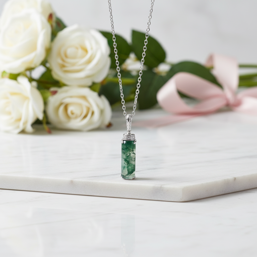 Natural Moss Agate Pendant Necklace-Black Diamonds New York