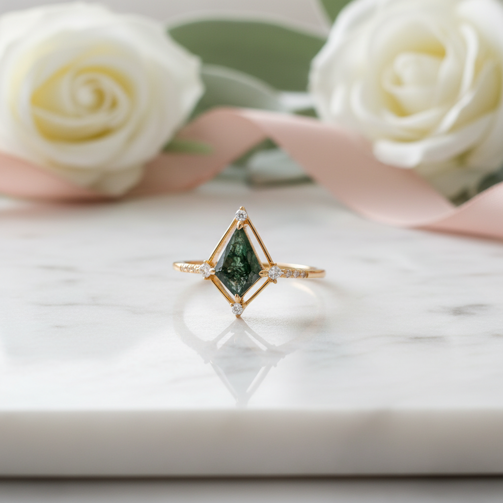 Vintage Option Kite Cut Natural Moss Agate Engagement Ring-Black Diamonds New York
