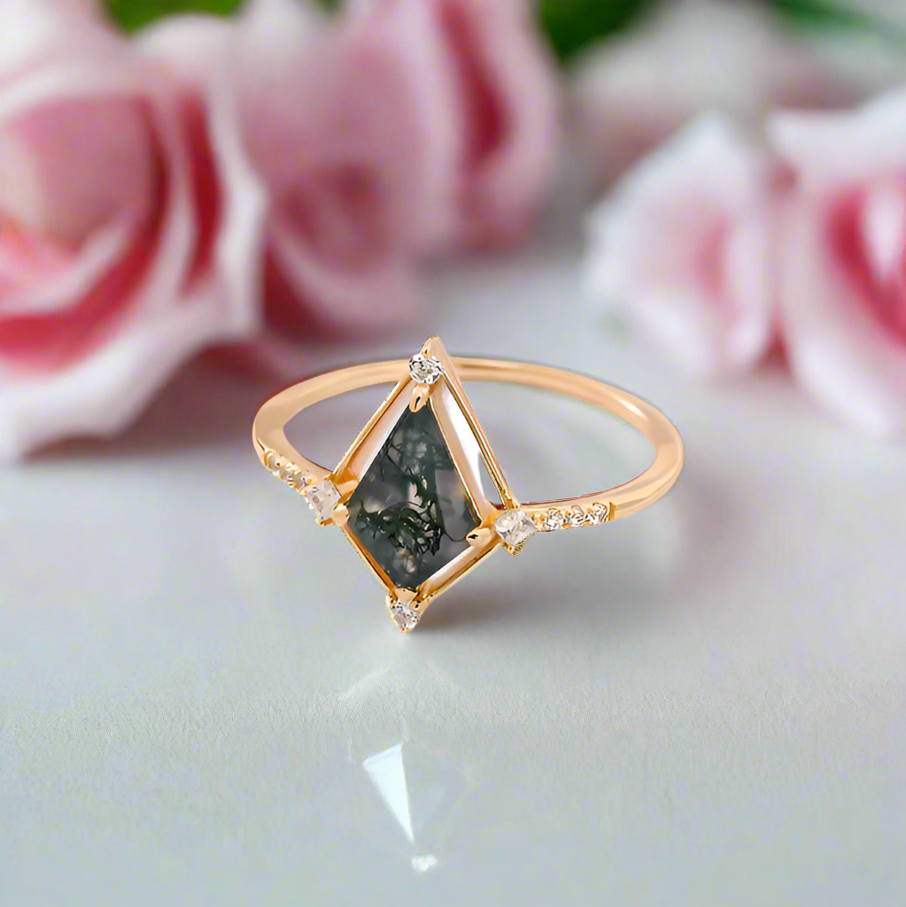 Vintage Style Kite Cut Natural Moss Agate Engagement Ring-Black Diamonds New York