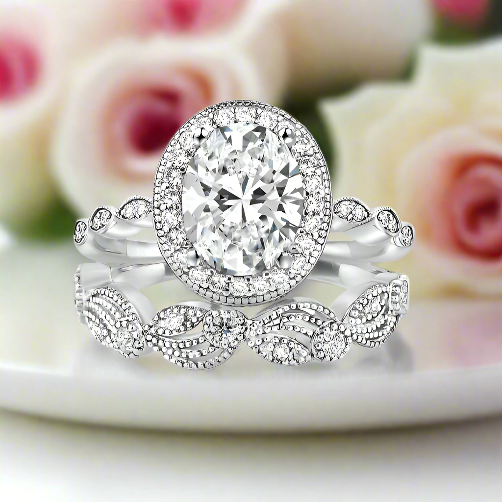 Vintage Art Deco Oval Cut Wedding Ring Set-Black Diamonds New York