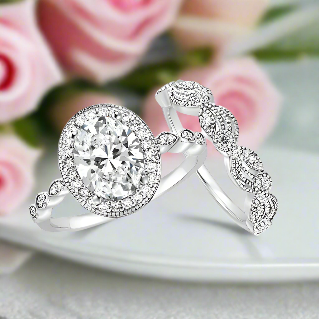 Vintage Art Deco Oval Cut Wedding Ring Set-Black Diamonds New York