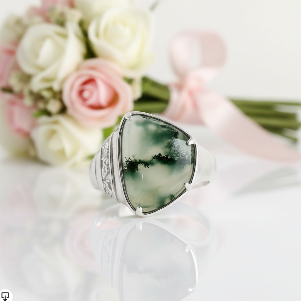 Moss Agate Vintage Style Ring-Black Diamonds New York