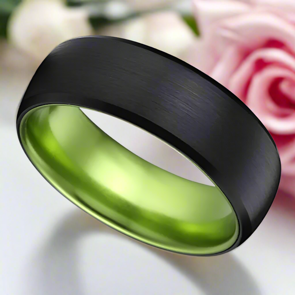 8mm Black Brushed Dome Tungsten Carbide Wedding Band with Inner Green Color-Black Diamonds New York
