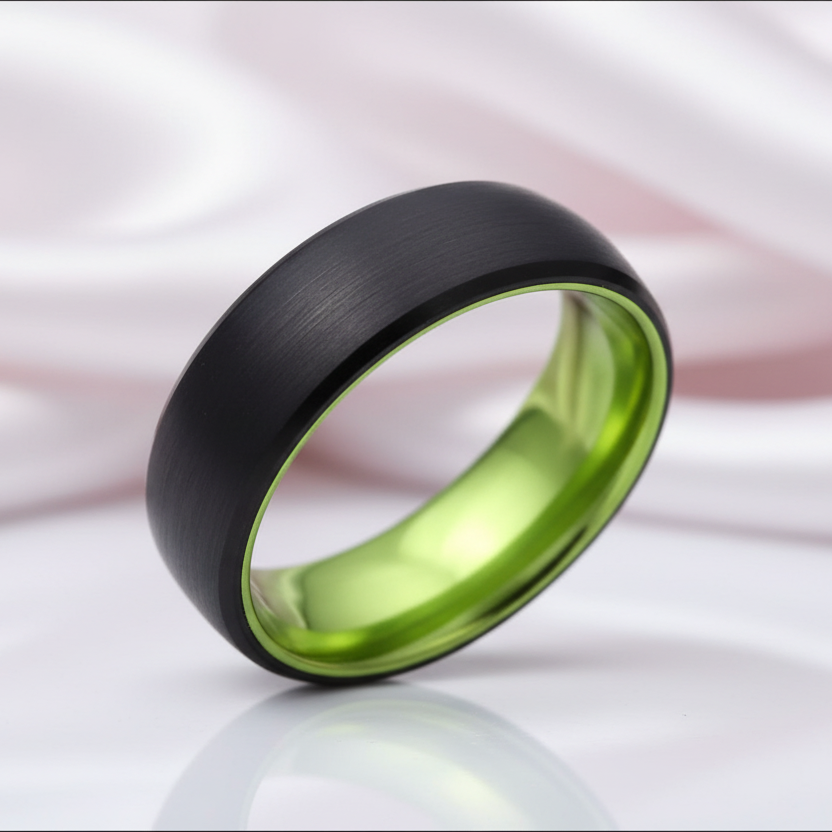 8mm Black Brushed Dome Tungsten Carbide Wedding Band with Inner Green Color-Black Diamonds New York