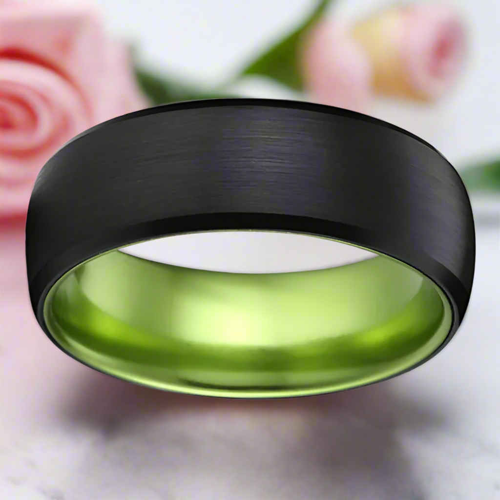 8mm Black Brushed Dome Tungsten Carbide Wedding Band with Inner Green Color-Black Diamonds New York