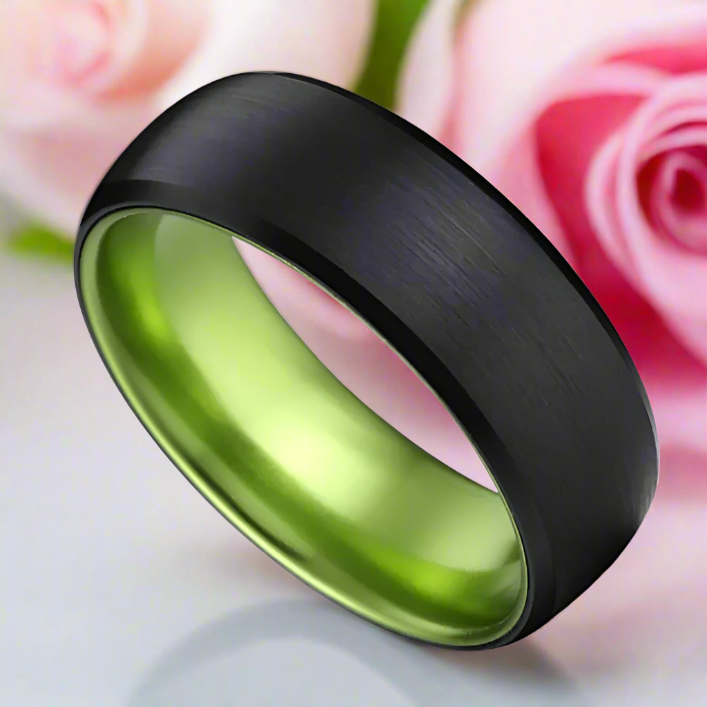8mm Black Brushed Dome Tungsten Carbide Wedding Band with Inner Green Color-Black Diamonds New York