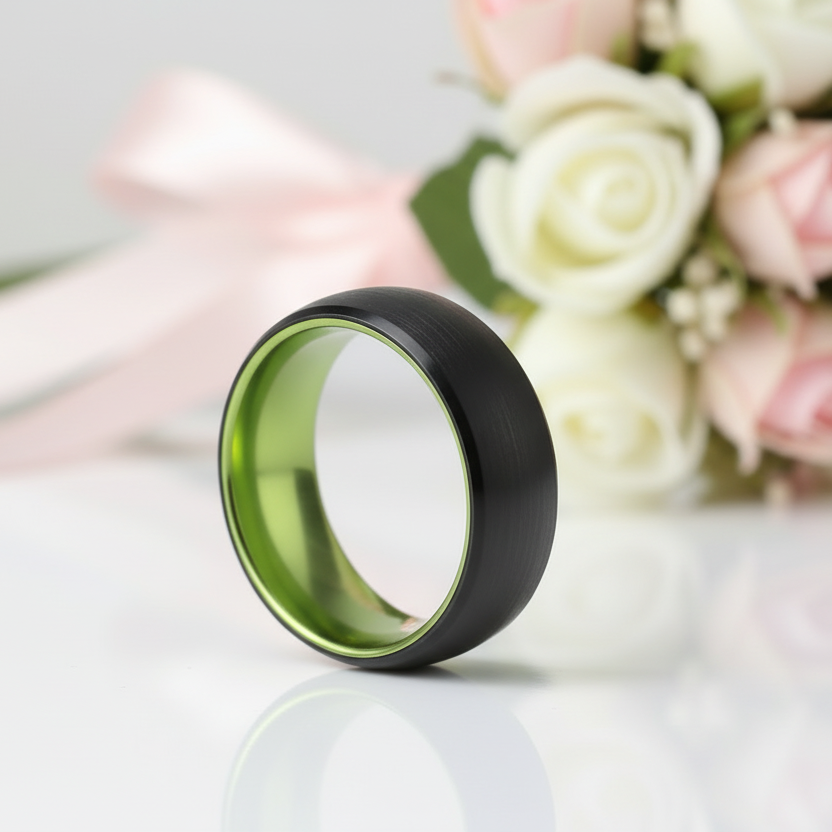 8mm Black Brushed Dome Tungsten Carbide Wedding Band with Inner Green Color-Black Diamonds New York