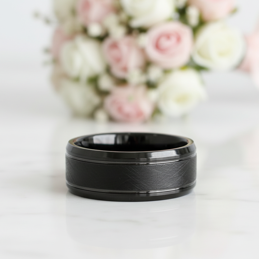 8mm Black Simple Messed Brushed Tungsten Carbide Men's Wedding Band-Black Diamonds New York