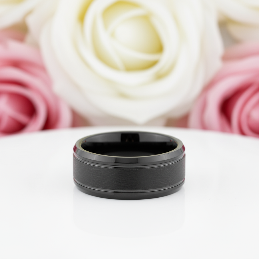 8mm Black Simple Messed Brushed Tungsten Carbide Men's Wedding Band-Black Diamonds New York