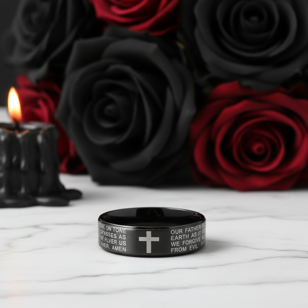 Men's Titanium Wedding Band with Bible Verse-Black Diamonds New York