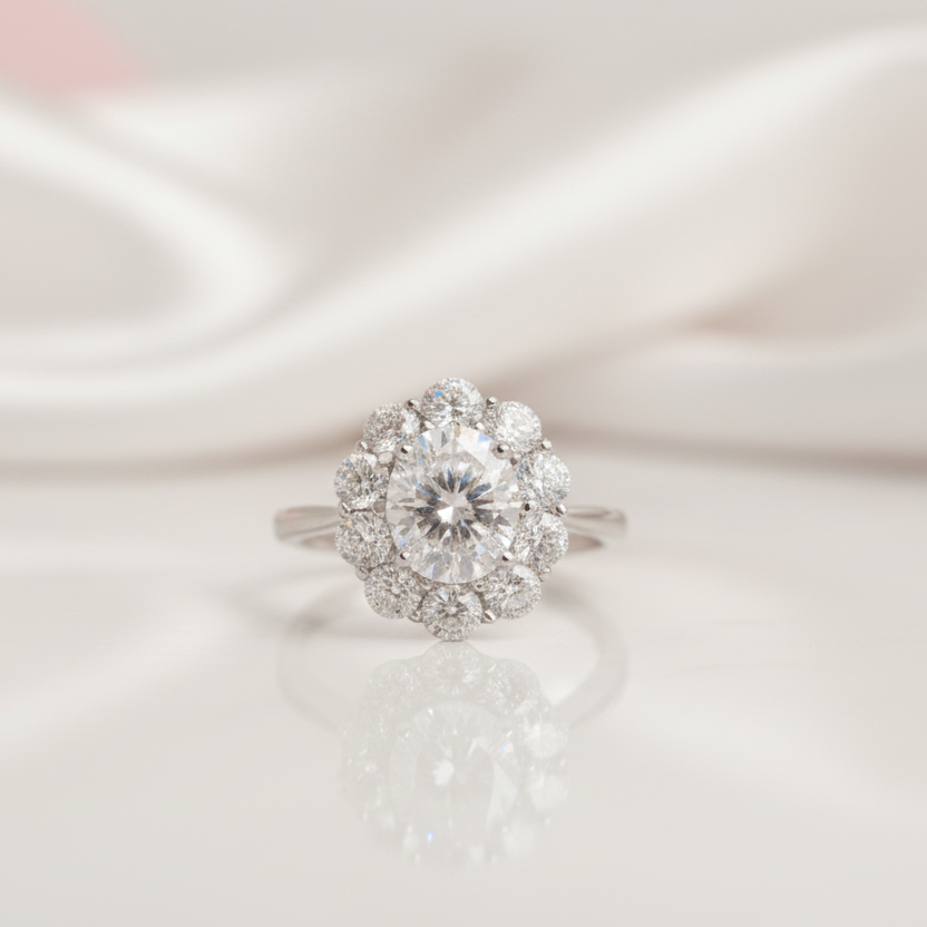 3.0 Ct Round Cut Crackling Diamond Flower Halo Engagement Ring-Black Diamonds New York