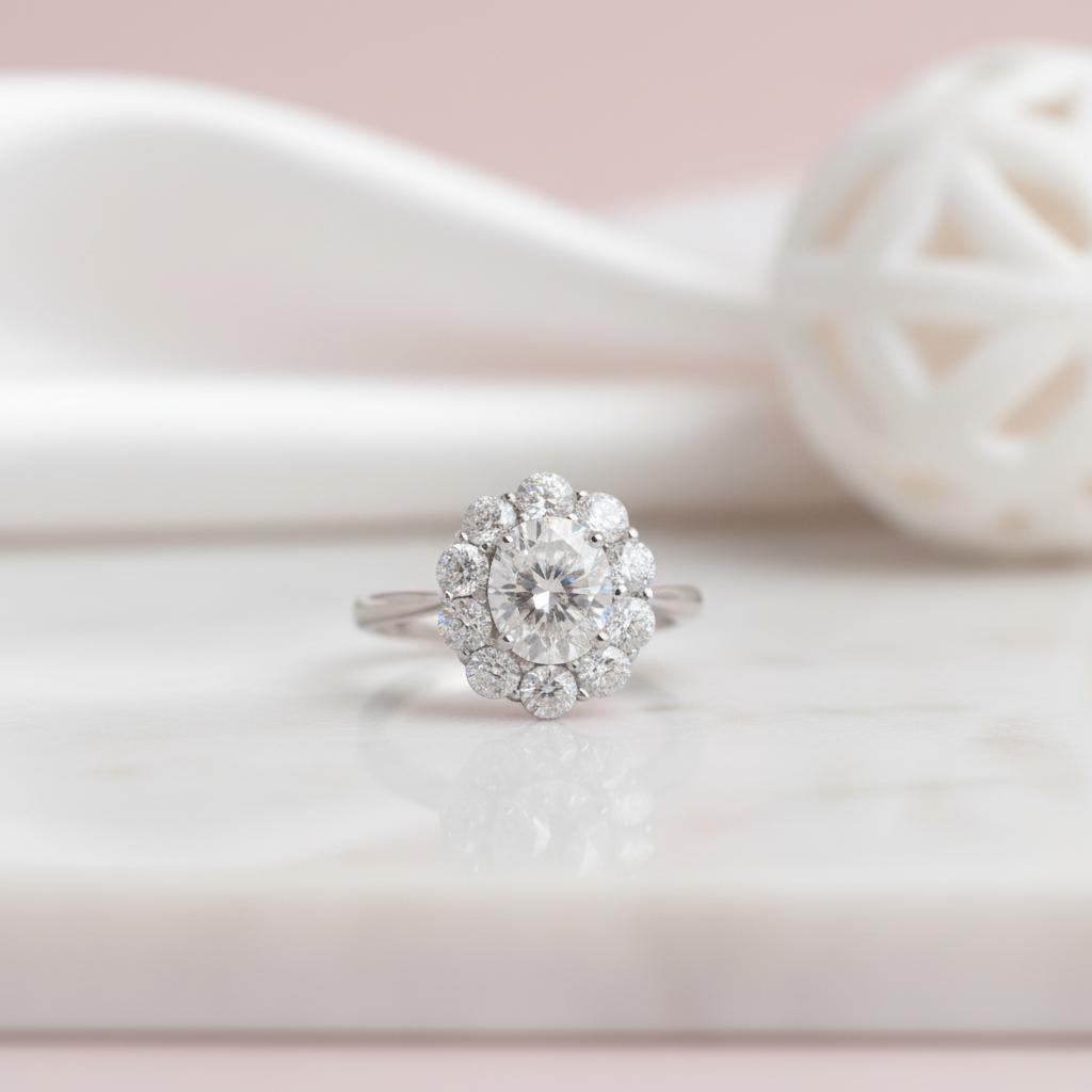 3.0 Ct Round Cut Crackling Diamond Option Flower Halo Engagement Ring-Black Diamonds New York