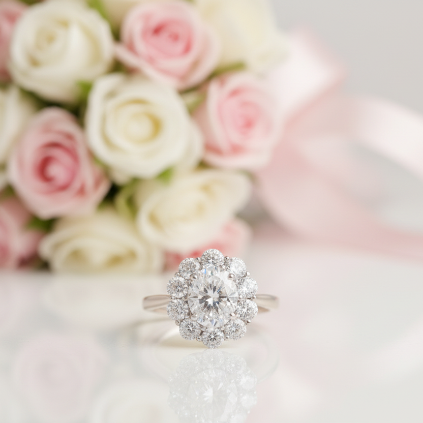 3.0 Ct Round Cut Crackling Diamond Option Flower Halo Engagement Ring-Black Diamonds New York