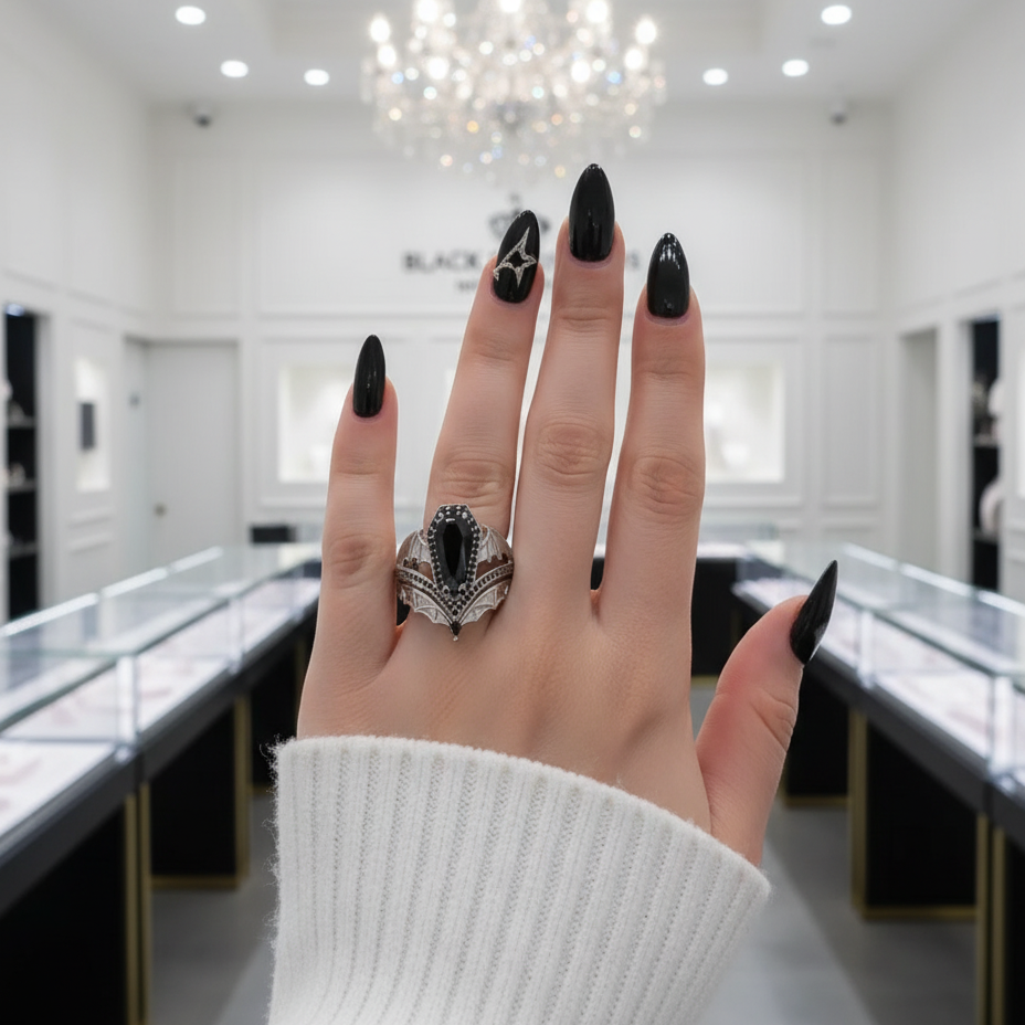 Wings Of Eternity- Coffin Cut Diamond Bat Wings Wedding Rings-Black Diamonds New York