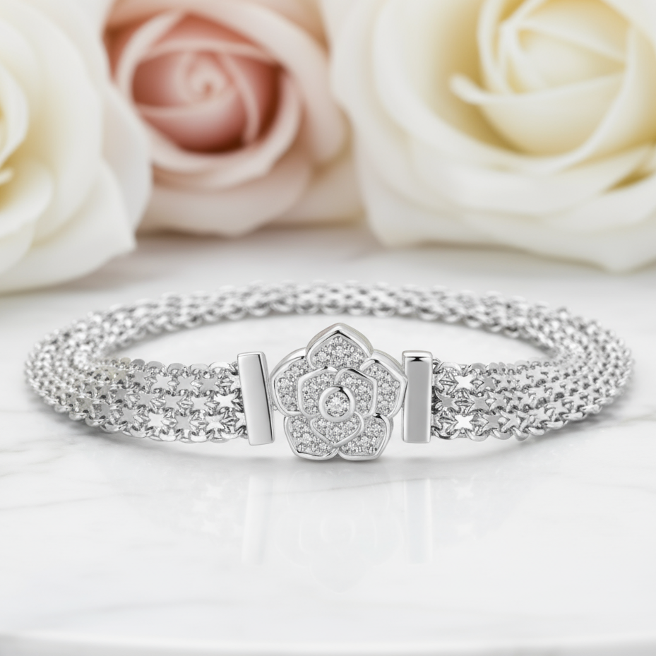 Rose Flower Flat Bracelet with Diamond-Black Diamonds New York