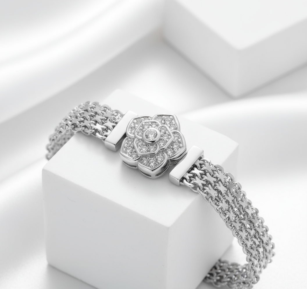 Rose Flower Flat Bracelet with Diamond-Black Diamonds New York