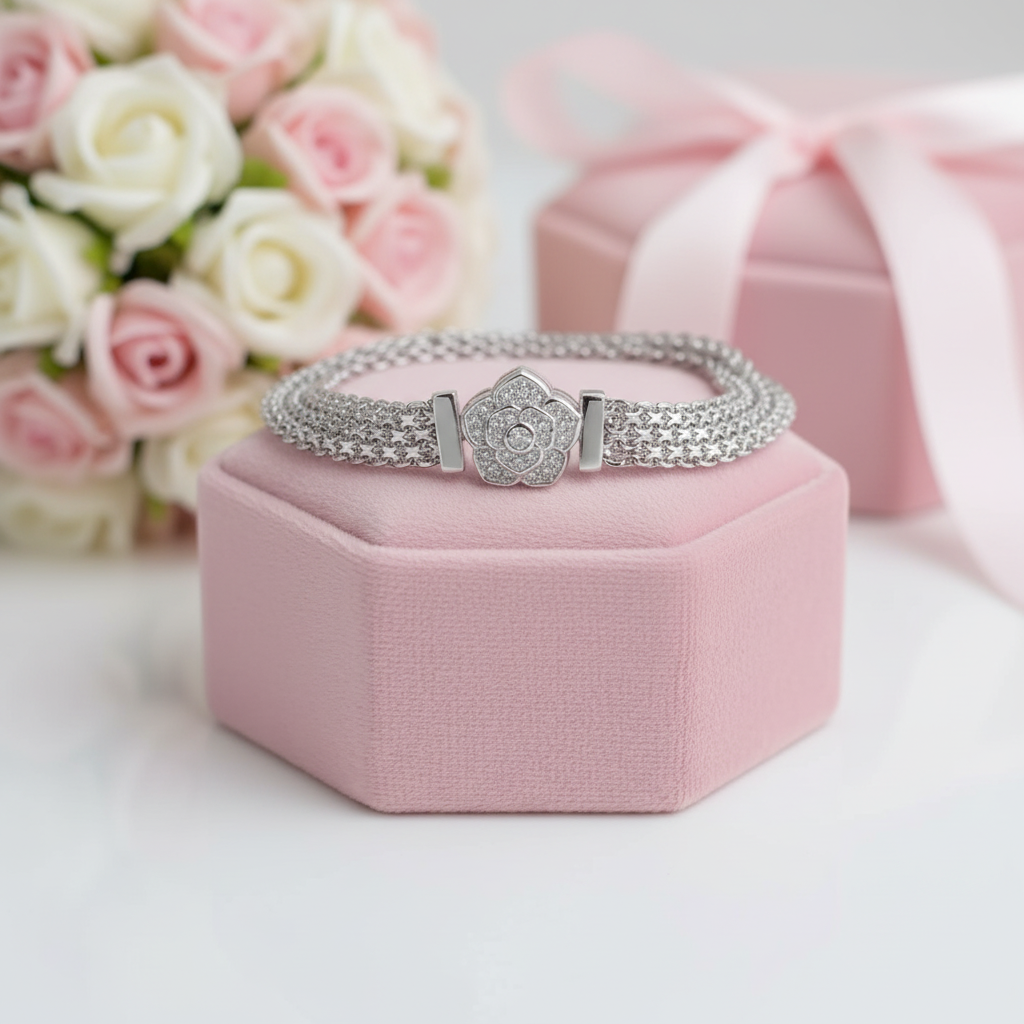 Rose Flower Flat Bracelet with Diamond Option-Black Diamonds New York