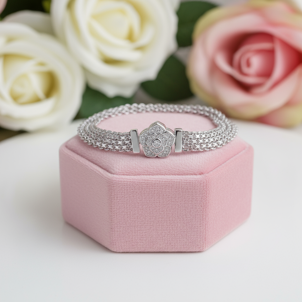 Rose Flower Flat Bracelet with Diamond Option-Black Diamonds New York
