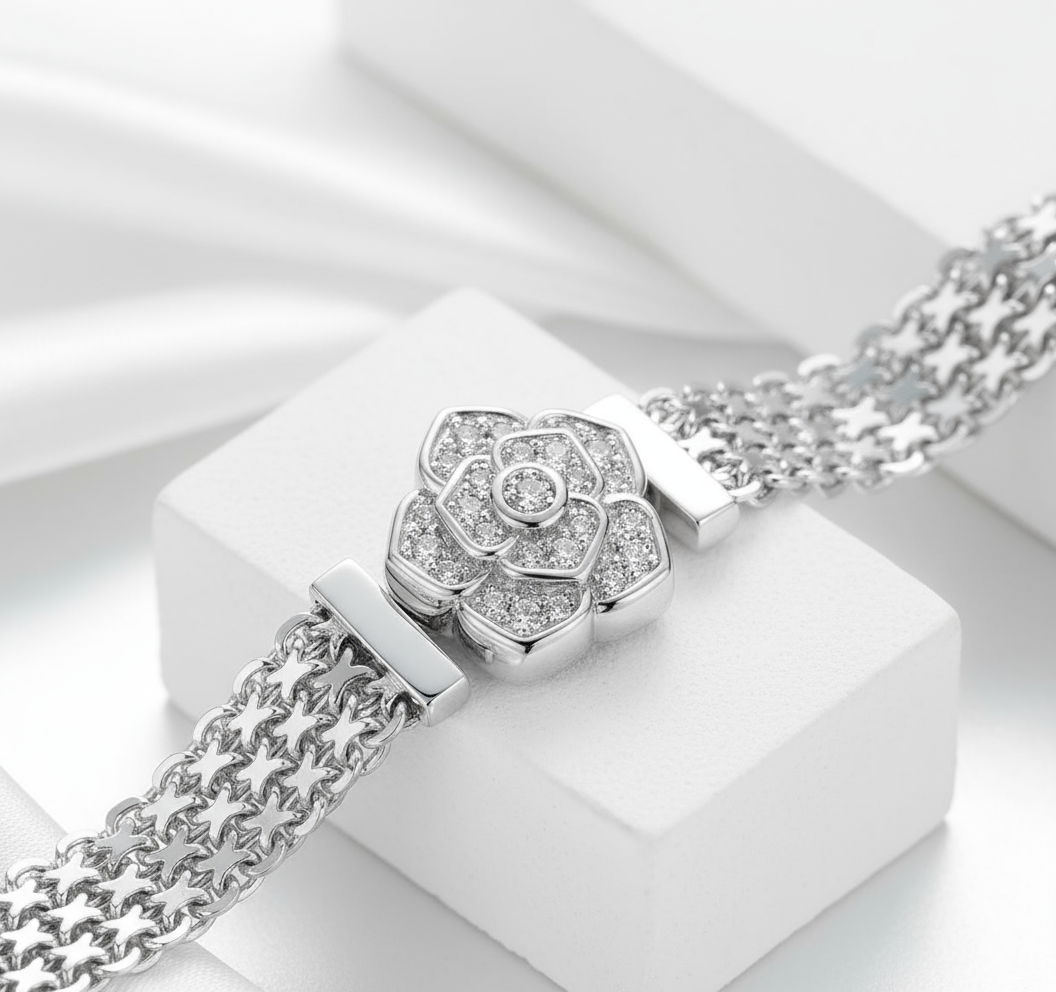 Rose Flower Flat Bracelet with Diamond-Black Diamonds New York