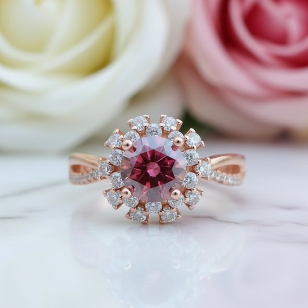 VIP Custom Request- Round Cut Pink Diamond Halo Rose Gold Engagement Ring-Black Diamonds New York
