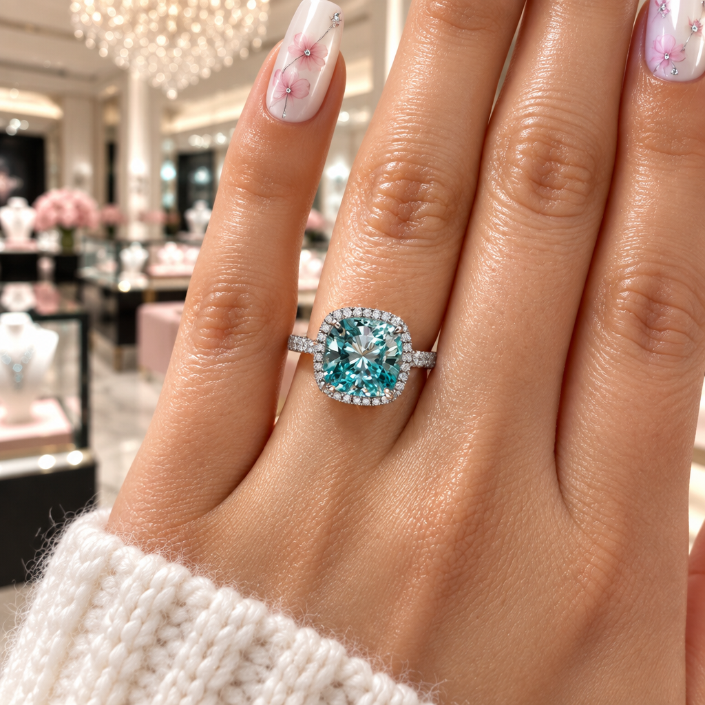 Exquisite Halo Cushion Cut Cyan Blue Diamond Option Engagement Ring-Black Diamonds New York