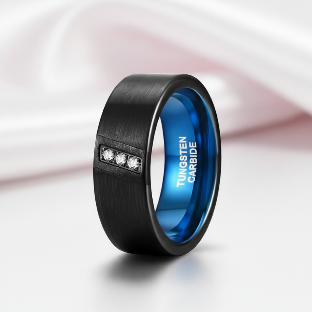 Diagonal Diamond Option Brushed Men's Tungsten Wedding Band-Black Diamonds New York