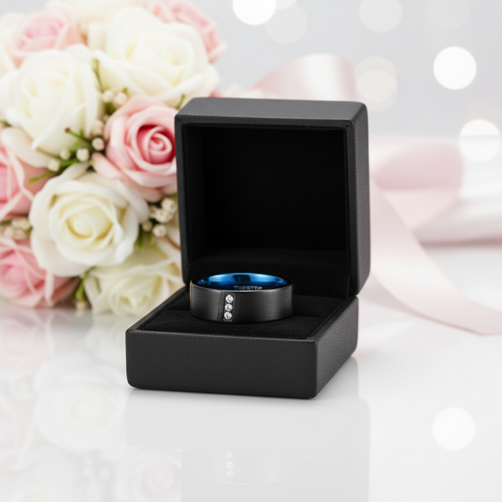 Diagonal Diamond Option Brushed Men's Tungsten Wedding Band-Black Diamonds New York